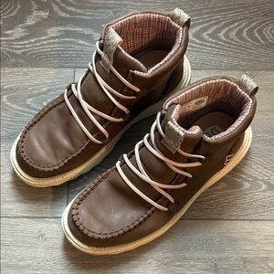 Women’s Hey Dude Reyes Brown Leather Lace-Up Boots with Pink Knit Collar